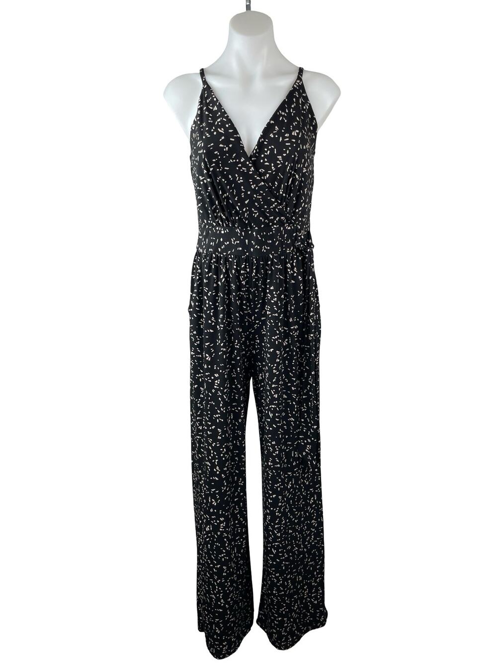 Kaileigh Black White Speckled Dot Sleeveless V Neck Cami Tank Jumpsuit Size S